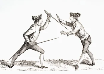 剣士が敵を武装解除し、1875年に出版された「XVIII Siecle Institutions、Usages et Costumes」から突き出す立場にあります